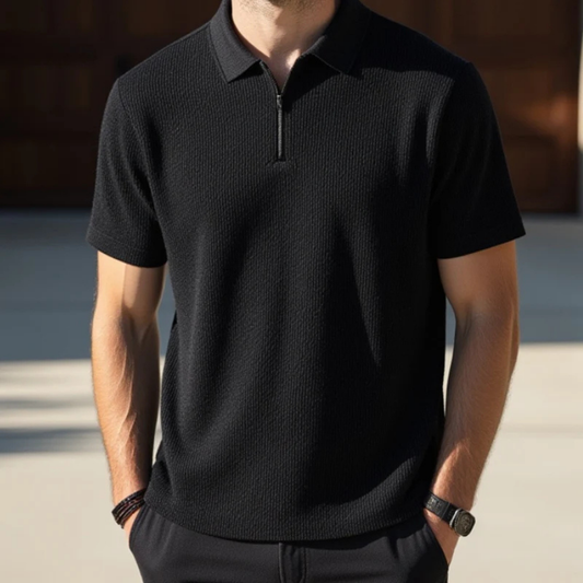 Camisa Pólo Casual de Algodão com Fecho de Correr à Frente e Gola Clássica