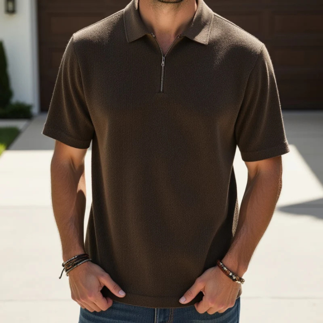 Camisa Pólo Casual de Algodão com Fecho de Correr à Frente e Gola Clássica