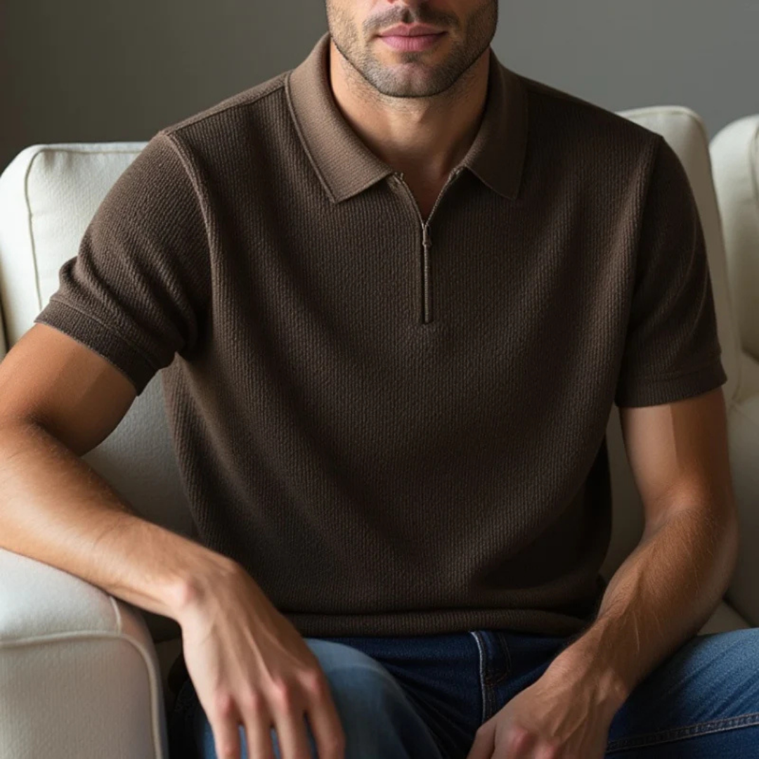 Camisa Pólo Casual de Algodão com Fecho de Correr à Frente e Gola Clássica