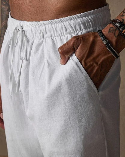 Calças de linho de corte reto para homem com cintura ajustável