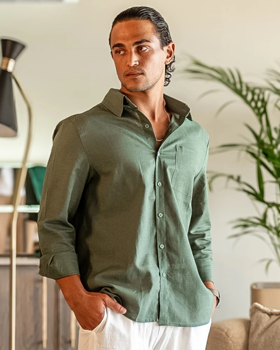Camisa de linho elegante de manga comprida para homem
