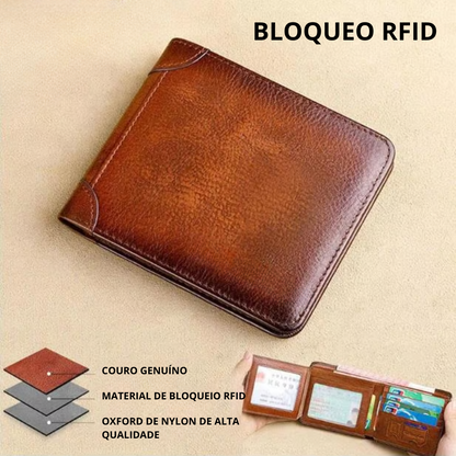 Carteira de Couro Genuíno Impermeável com Bloqueio RFID Multifuncional
