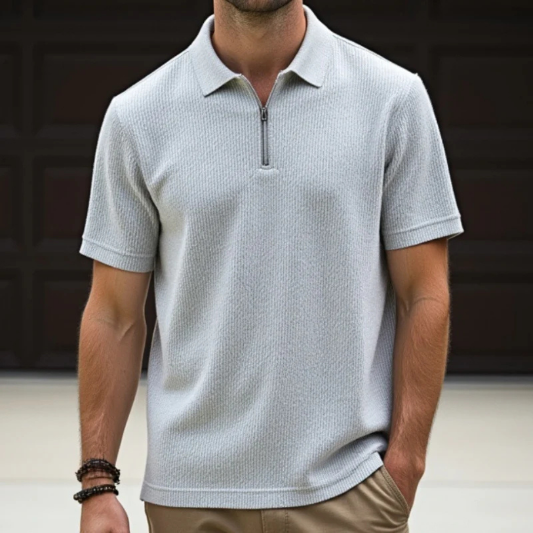 Camisa Pólo Casual de Algodão com Fecho de Correr à Frente e Gola Clássica